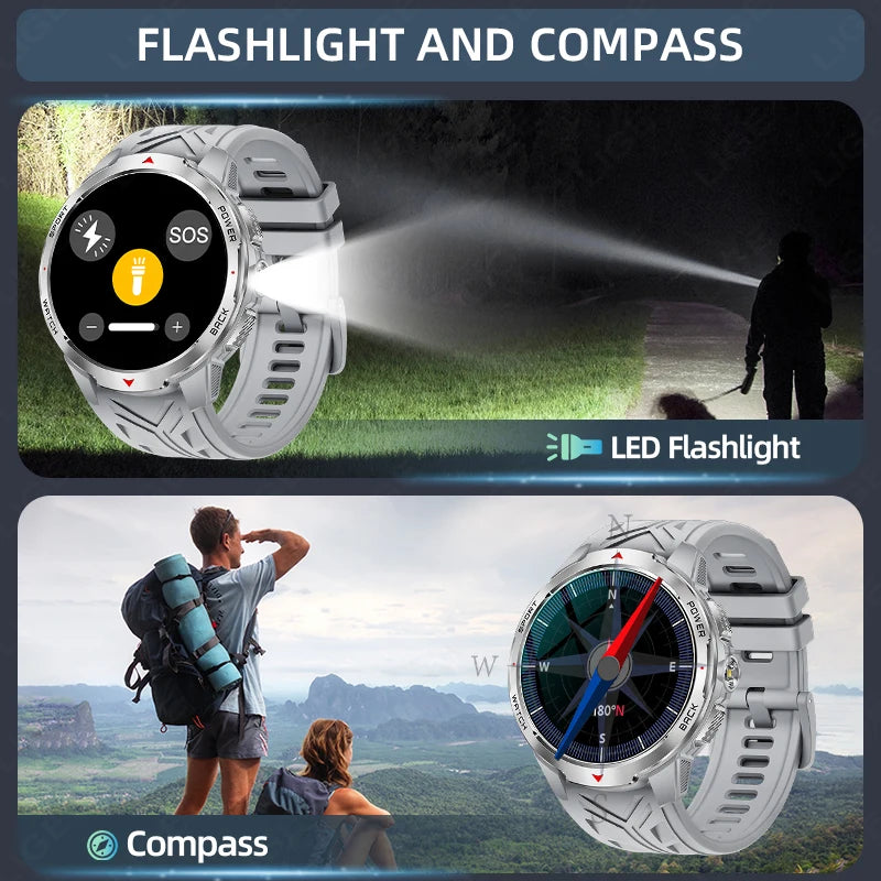 Reloj inteligente deportivo para exteriores para hombre, con batería grande de 1100 mAh, brújula, linterna LED, control del ritmo cardíaco, compatible con Android e iOS.