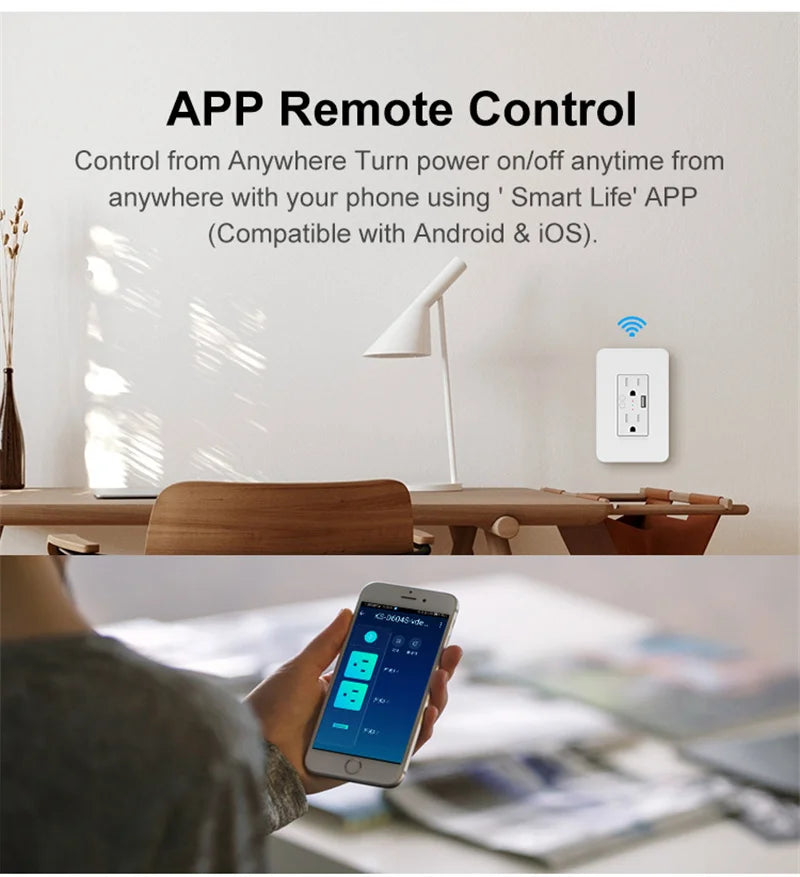 Enchufe inteligente Milfra Wifi de doble pared con toma de corriente estadounidense, puerto de carga USB, encendido/apagado, control remoto por voz mediante la aplicación Tuya Smart Life.