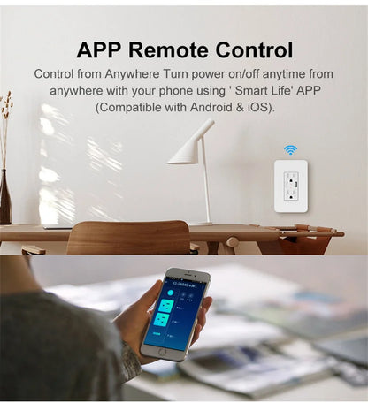 Enchufe inteligente Milfra Wifi de doble pared con toma de corriente estadounidense, puerto de carga USB, encendido/apagado, control remoto por voz mediante la aplicación Tuya Smart Life.