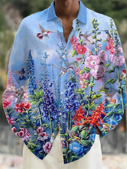 Camisa de lino para hombre, con estampado floral, solapa, estilo urbano, manga larga, moda urbana de diseñador.