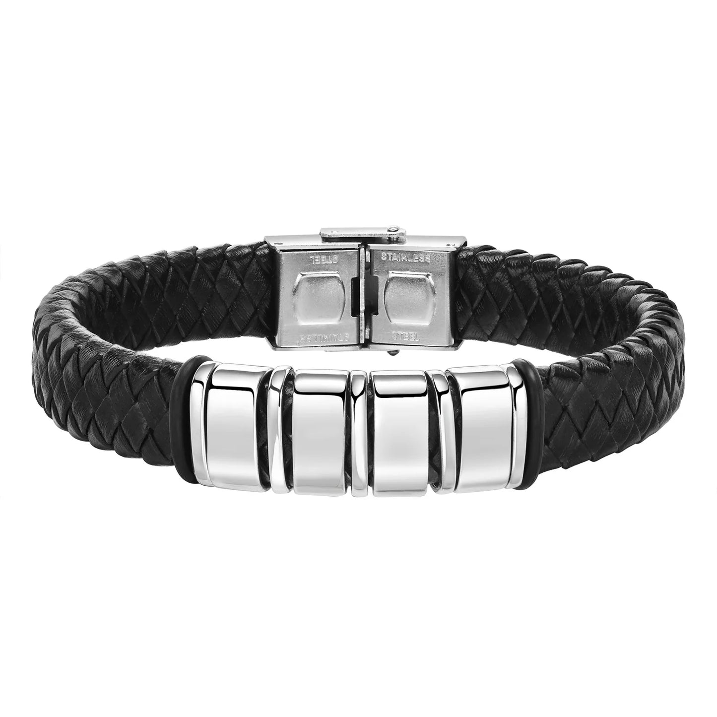 Pulseras trenzadas de cuentas personalizadas para hombre, de cuero, acero inoxidable, color negro y plateado, con nombre personalizado, regalo para un familiar.