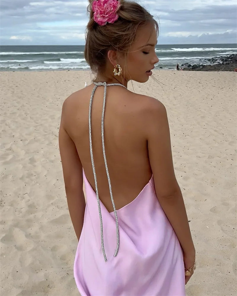 Vestido corto sexy sin espalda con escote halter y hombros descubiertos de Mozision Sparkle para mujer, ideal para el verano. Elegante vestido de fiesta en la playa o club nocturno.