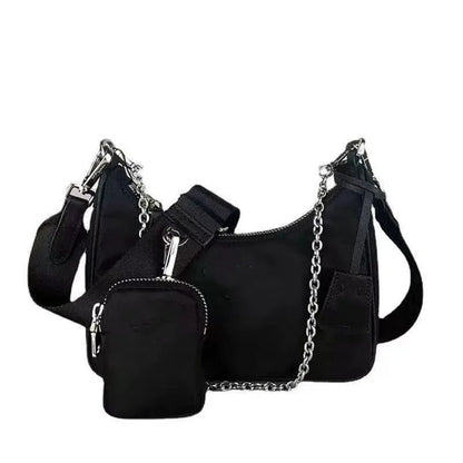 Bolso de hombro tipo hobo informal de nailon impermeable para mujer, moderno, con cadena negra decorativa, cruzado hasta la axila con monedero pequeño
