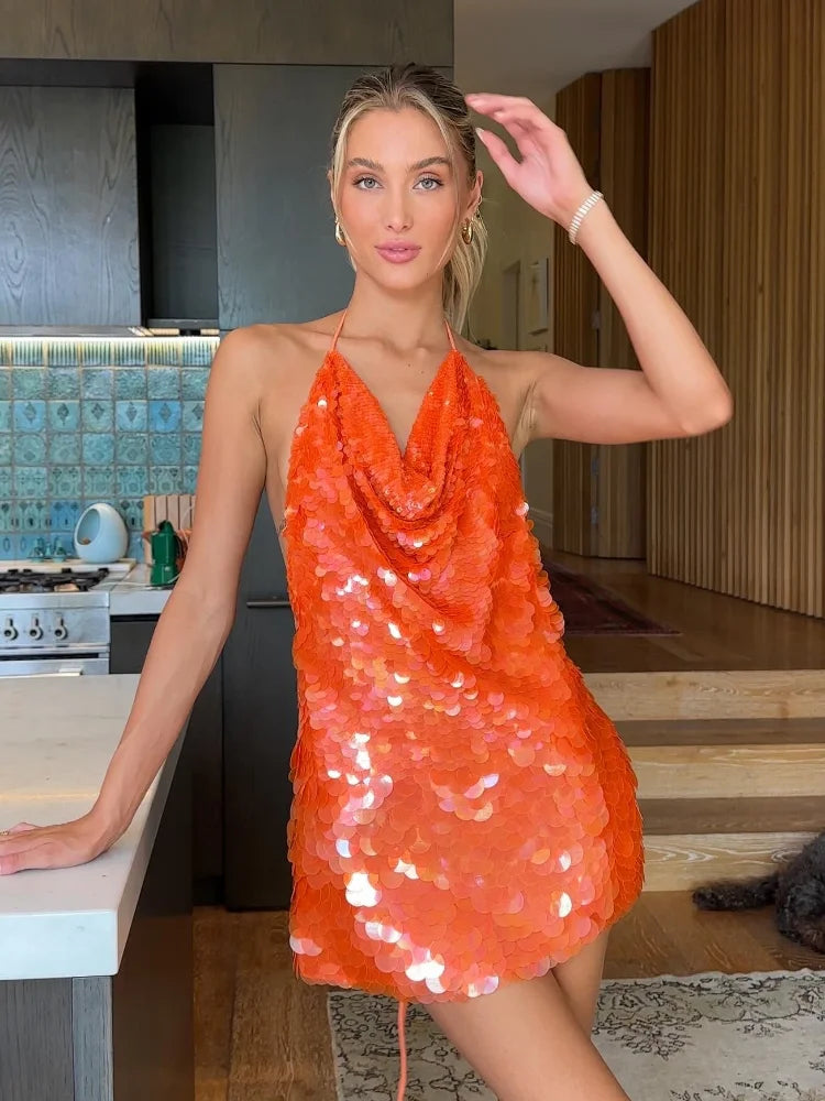 Vestido corto halter con lentejuelas y brillo para mujer, sin espalda, sin mangas, para fiestas de noche, vacaciones, cintura alta, sexy, nueva moda 2025.