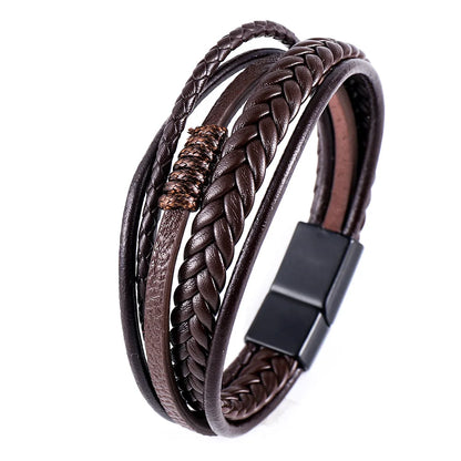 Pulseras de cuero de moda para hombre, pulseras de cuerda trenzada multicapa de acero inoxidable para hombre, pulseras de joyería para hombre.