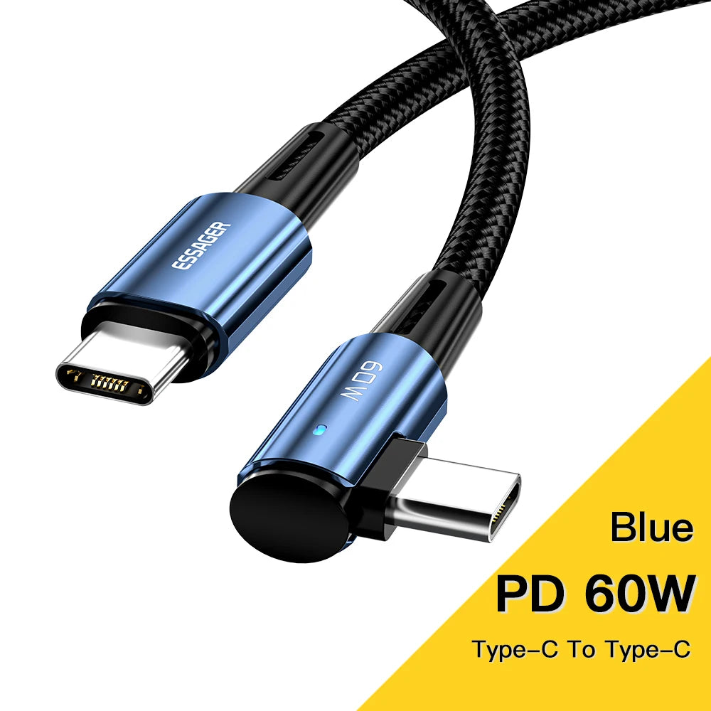 Cable USB tipo C a USB tipo C Essager de 100 W con ángulo de 90 grados para iPad, MacBook Pro, Xiaomi, Samsung y Huawei, carga rápida tipo C.