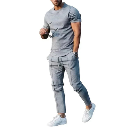Conjunto deportivo para hombre, otoño 2023, verano, liso, informal, cuello redondo, manga corta, camiseta deportiva, conjunto de dos piezas para hombre