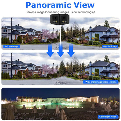 Cámara panorámica de doble luz de 4 MP y 8 MP con PoE, micrófono y altavoz integrados, detección humana, visión nocturna a color y sistema de vigilancia compatible con Hikvision.
