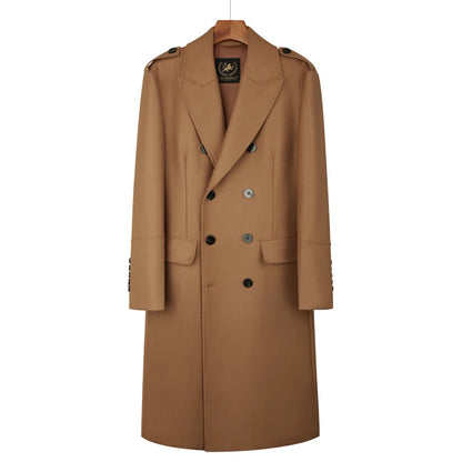 Worsted pure wool coat for men super long, knee length double breasted thickened and warm classic business wool coat for men