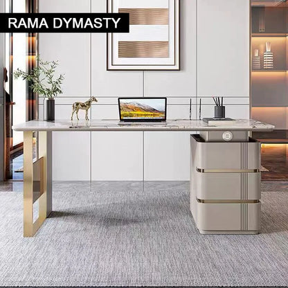 Escritorio beige moderno de madera con 3 cajones y pedestal doble para oficina en casa