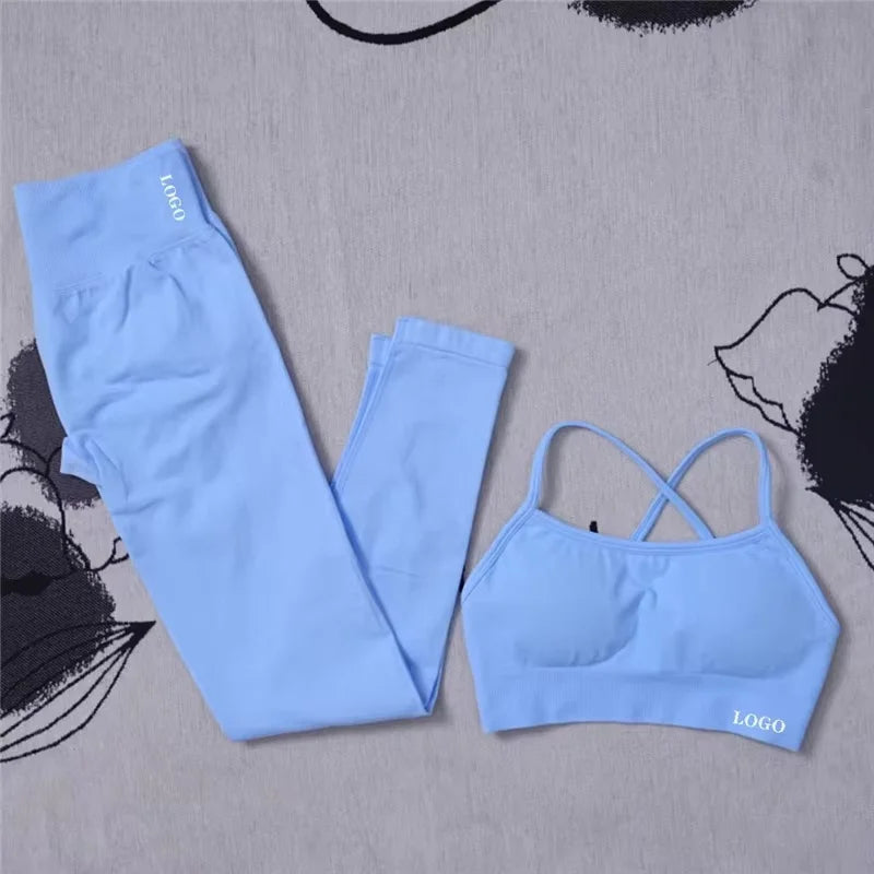 Conjunto de 2 piezas de yoga para mujer, leggings de cintura alta sin costuras, sujetador deportivo, ropa de entrenamiento, ropa deportiva para correr