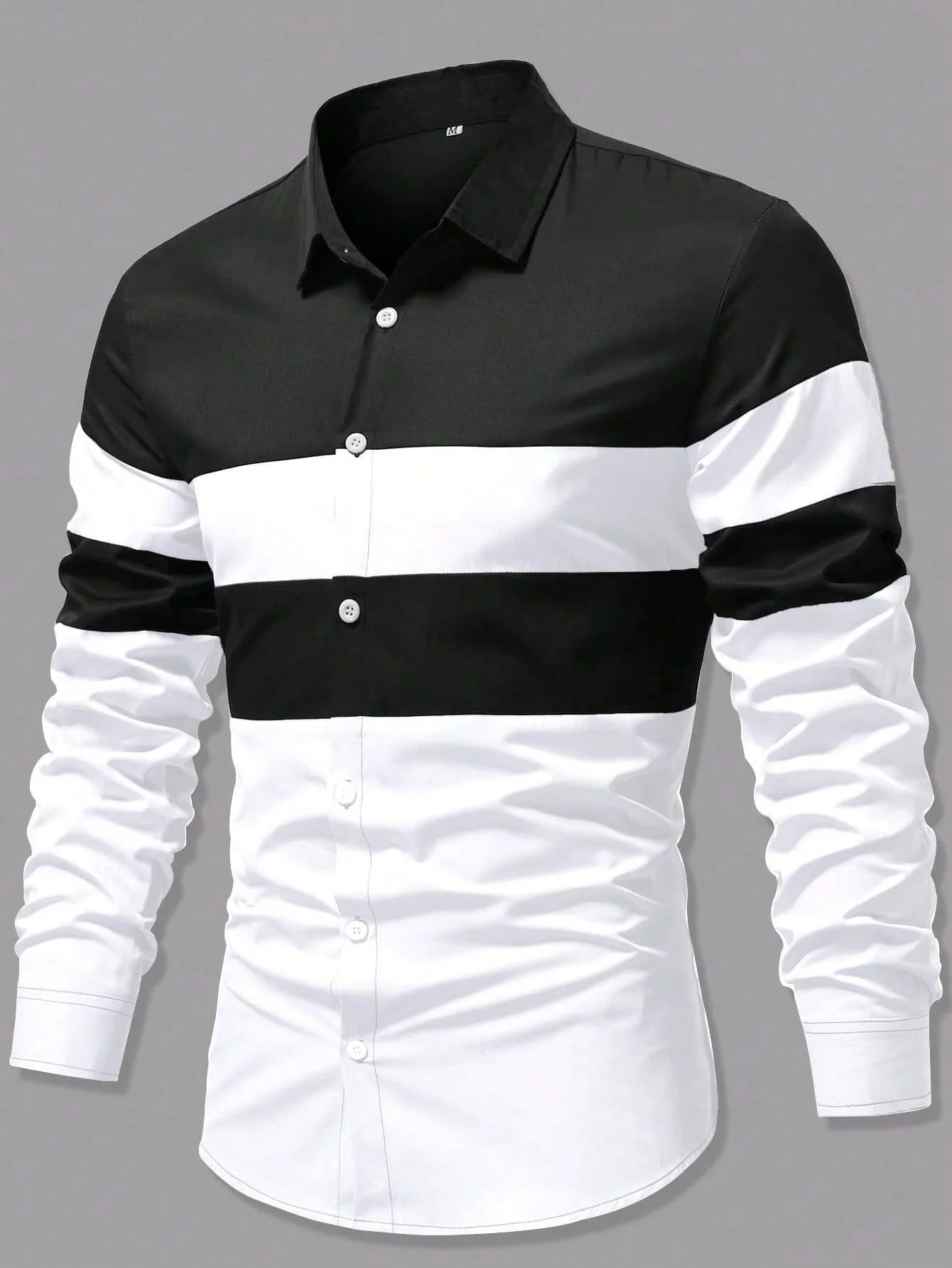 Camisa de hombre nueva, moderna, con estampado de rayas y patchwork; camisa de manga larga, cómoda y transpirable, de estilo informal elegante.