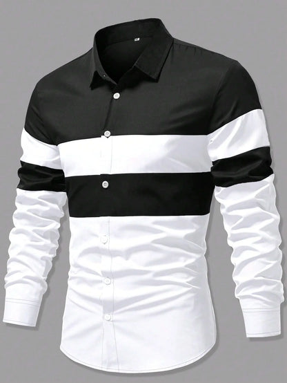 Camisa de hombre nueva, moderna, con estampado de rayas y patchwork; camisa de manga larga, cómoda y transpirable, de estilo informal elegante.