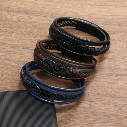 Pulseras para hombre, nuevas pulseras retro creativas con símbolo musical, pulseras sencillas de cuero multicapa con hebilla magnética, joyería