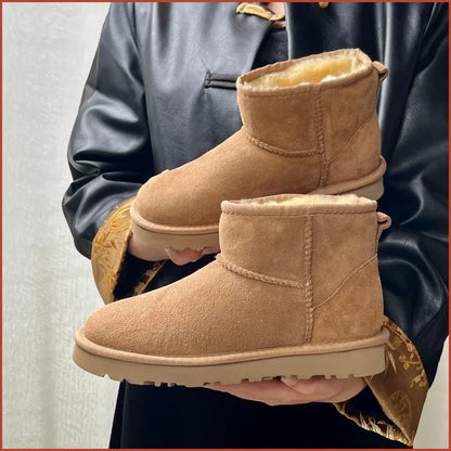Botas de nieve integradas de piel de oveja y lana para hombres y mujeres, cuero auténtico y piel, botas de invierno gruesas y cálidas para mujer.