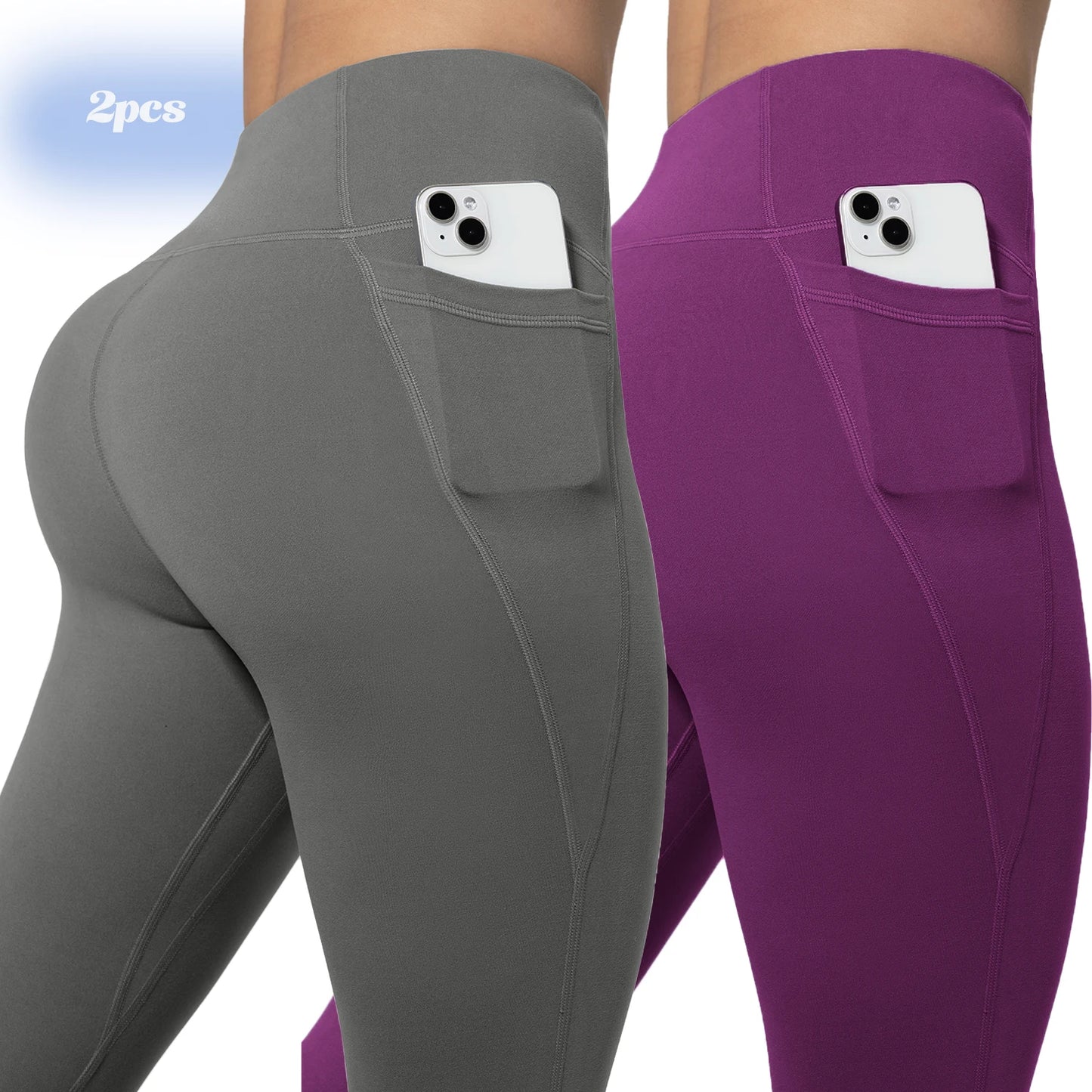Leggings de yoga para mujer, 2 unidades, con bolsillos, color liso, para gimnasio, actividades al aire libre, cintura alta, ajustados, pantalones deportivos para correr.