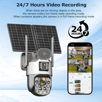 Cámara de seguridad exterior solar 4K con SIM 4G, 2 lentes/pantalla, zoom óptico 60x, seguimiento automático, PTZ 360°, videovigilancia doméstica IP.