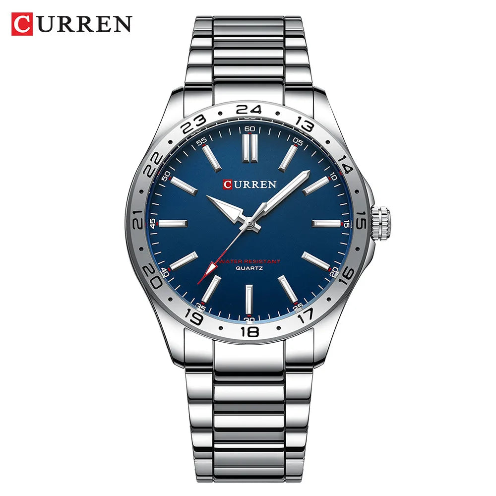 CURREN 8452 Reloj de cuarzo para hombre, sencillo, moderno, para ocio y negocios, con correa de acero inoxidable negra y plateada.