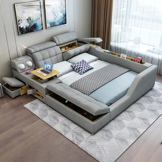 Moderna cama inteligente multifuncional con almacenamiento, altavoces, USB, estanterías y tatami: cama de lujo tamaño king/queen Ultimate