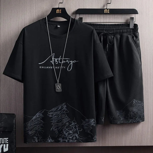 Conjunto deportivo de dos piezas para hombre, camiseta de manga corta a la moda, estilo veraniego, con estampado de montañas nevadas, corte entallado, versión coreana