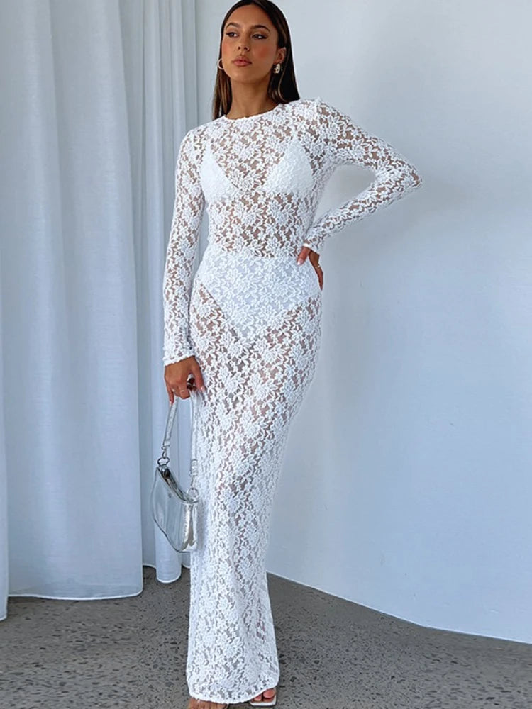 Vestido playero elegante y sexy de punto calado para mujer, moda de verano 2025, estilo vacacional, bikini de manga larga con capucha y encaje