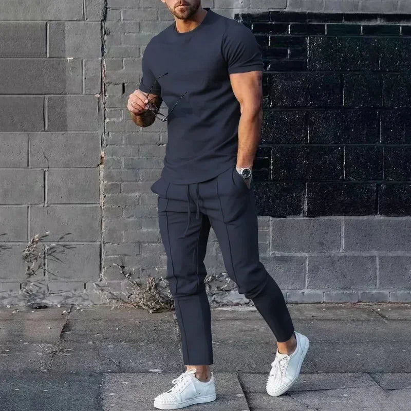 Conjunto deportivo para hombre, otoño 2023, verano, liso, informal, cuello redondo, manga corta, camiseta deportiva, conjunto de dos piezas para hombre