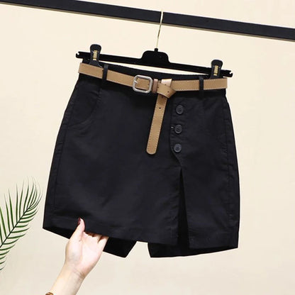 Pantalones cortos elegantes para mujer, con cinturón, botones lisos coreanos, aberturas laterales, estilo urbano, faldas de moda, pantalones holgados elegantes de verano Harajuku