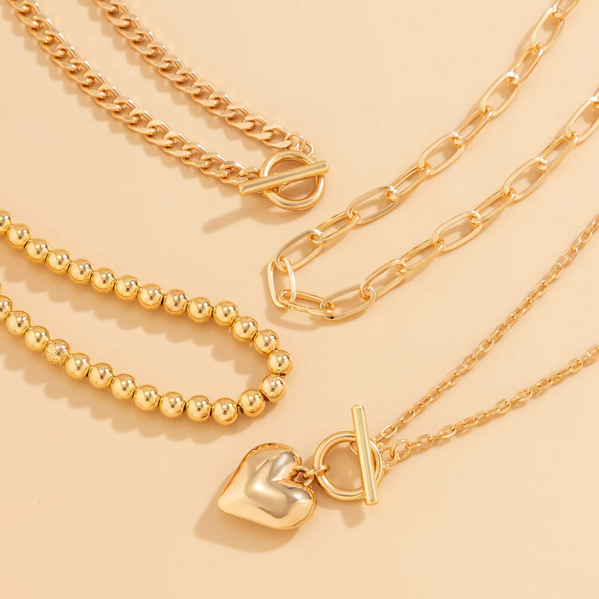 Juego de 4 collares con colgante de corazón estilo punk dorado para mujer, gargantilla de cadena con cuentas y hebilla OT, accesorios de joyería Y2K 2024