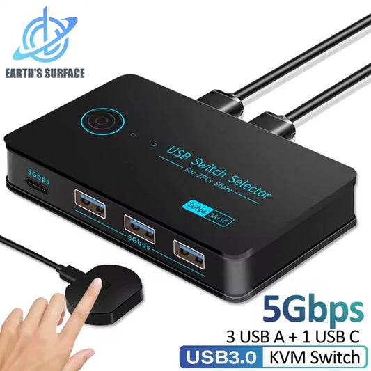 Conmutador KVM USB 3.0 con teclas de acceso rápido para PC (teclado, ratón, impresora). Permite compartir entre 2 PC y 4 dispositivos. Adaptador/conmutador USB con controlador compartido.