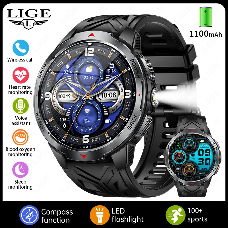 Reloj inteligente deportivo para exteriores para hombre, con batería grande de 1100 mAh, brújula, linterna LED, control del ritmo cardíaco, compatible con Android e iOS.