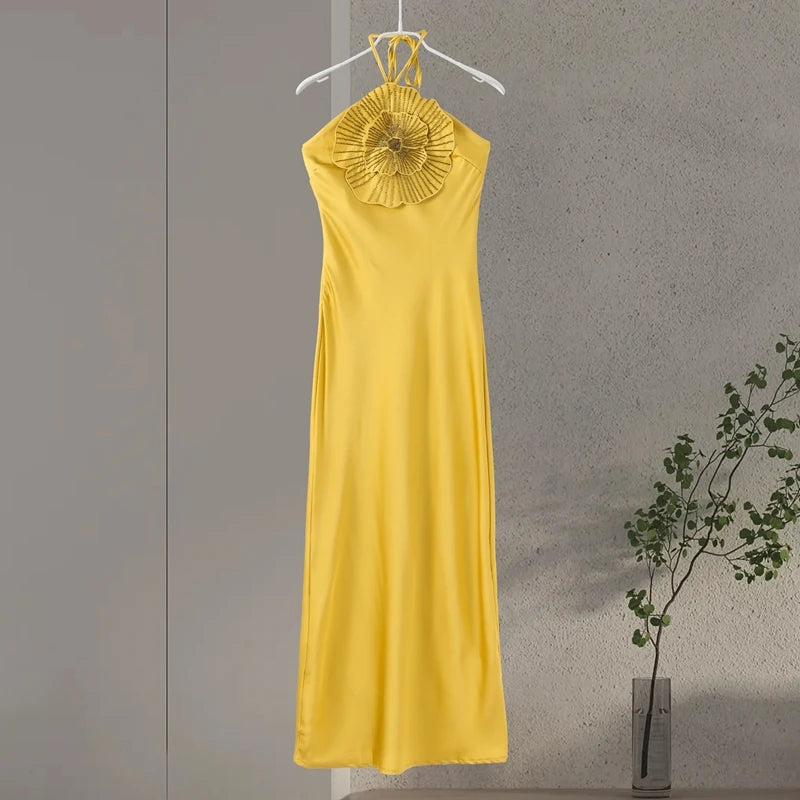 Elegante vestido de fiesta para mujer, con flores 3D, estilo halter, sin mangas, espalda descubierta, de satén estilo sirena, para mujer, verano 2025, elegante vestido de noche para mujer.