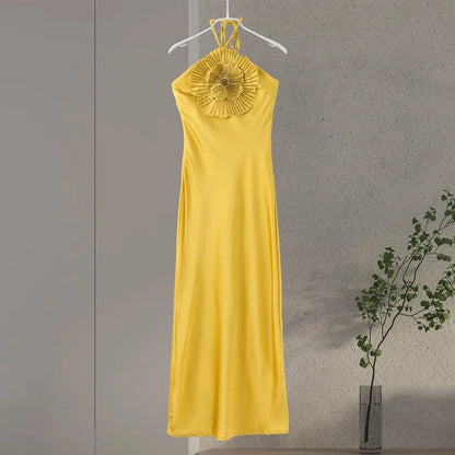 Elegante vestido de fiesta para mujer, con flores 3D, estilo halter, sin mangas, espalda descubierta, de satén estilo sirena, para mujer, verano 2025, elegante vestido de noche para mujer.