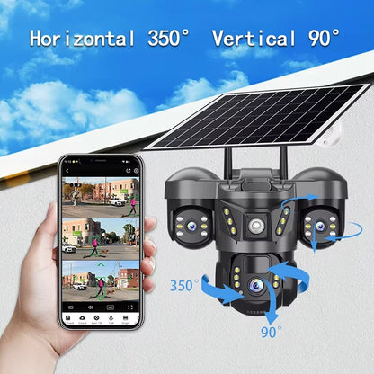 Cámara de vigilancia solar 8K 15MP con tres pantallas, WiFi, seguimiento automático, PTZ, tarjeta SIM 4G, cámara IP solar inalámbrica V380 Pro