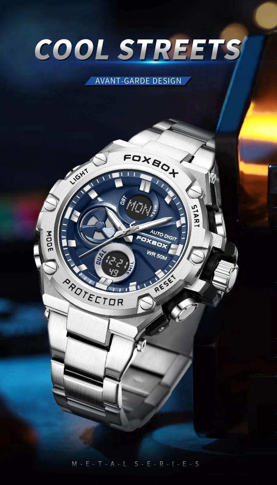 FOXBOX Relojes deportivos de lujo para hombre, reloj de pulsera de cuarzo de lujo, acero, resistente al agua, doble pantalla, relojes militares para hombre, reloj hommes