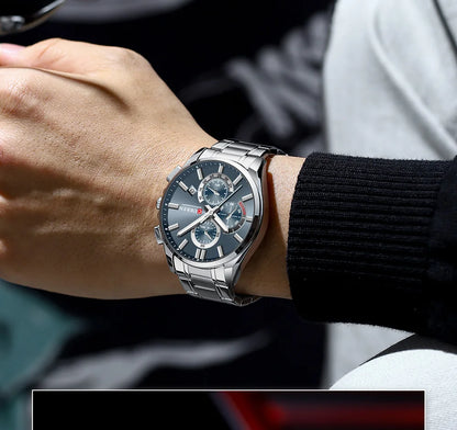 CURREN - Reloj cronógrafo de acero inoxidable para hombre con manecillas luminosas, tres subesferas, fecha automática, diseño moderno, de cuarzo