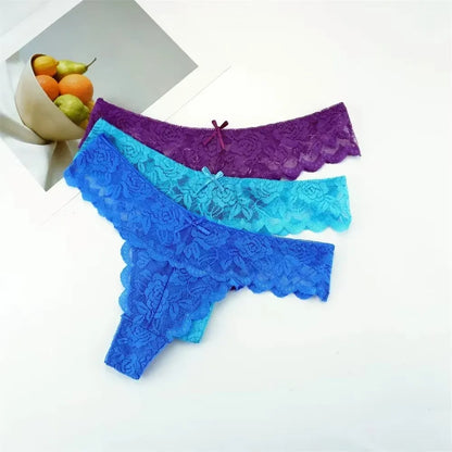 Tanga sexy de encaje de cintura baja para mujer, bragas transparentes, ropa interior erótica, 3 unidades, envío gratis