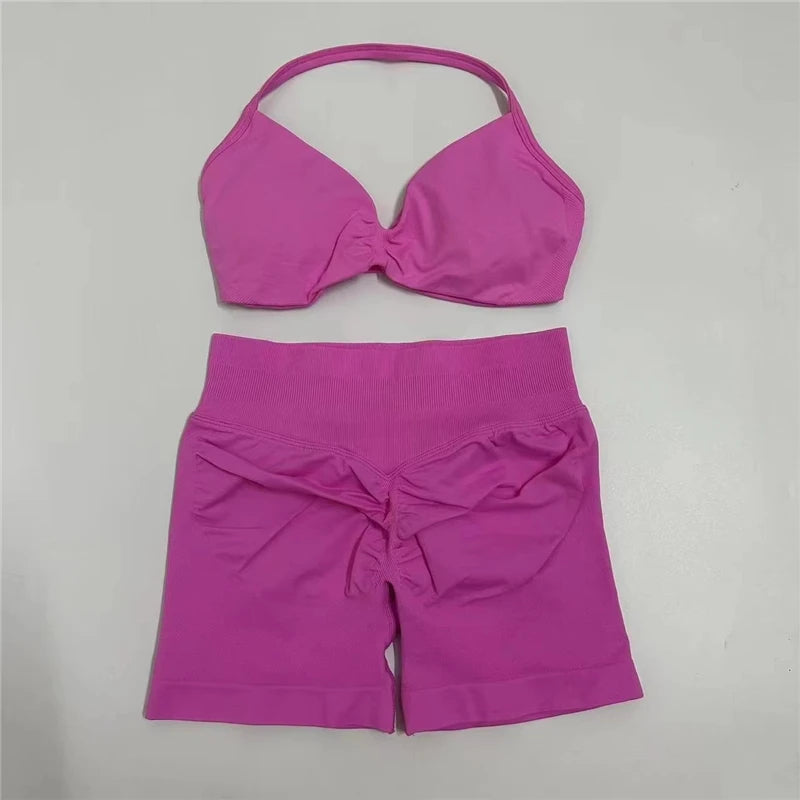 Women's Electric Blue Blossom High Stretch Top Sports Bra Shorts Set Comfortable Gym Workout Yoga Active Wear Impact Outfit