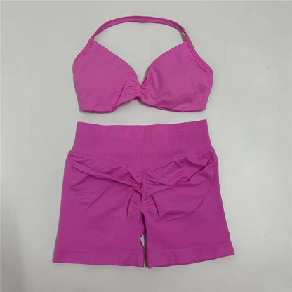 Women's Electric Blue Blossom High Stretch Top Sports Bra Shorts Set Comfortable Gym Workout Yoga Active Wear Impact Outfit