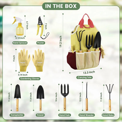 Juego completo de 10 herramientas de jardinería resistentes, con agarre de goma antideslizante, bolsa de almacenamiento, pala, tijeras y herramientas para exteriores.