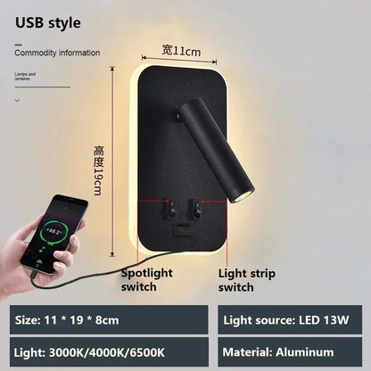 Lámpara de pared LED, luz de lectura, dormitorio, teléfono, carga inalámbrica, carga USB, luces de pared giratorias, lámpara de lado para sala de estar