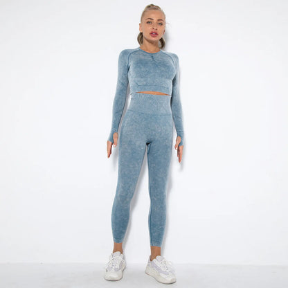 Conjunto de gimnasio con top corto sin costuras para mujer, conjunto de entrenamiento de yoga, ropa deportiva, leggings push up, chándal