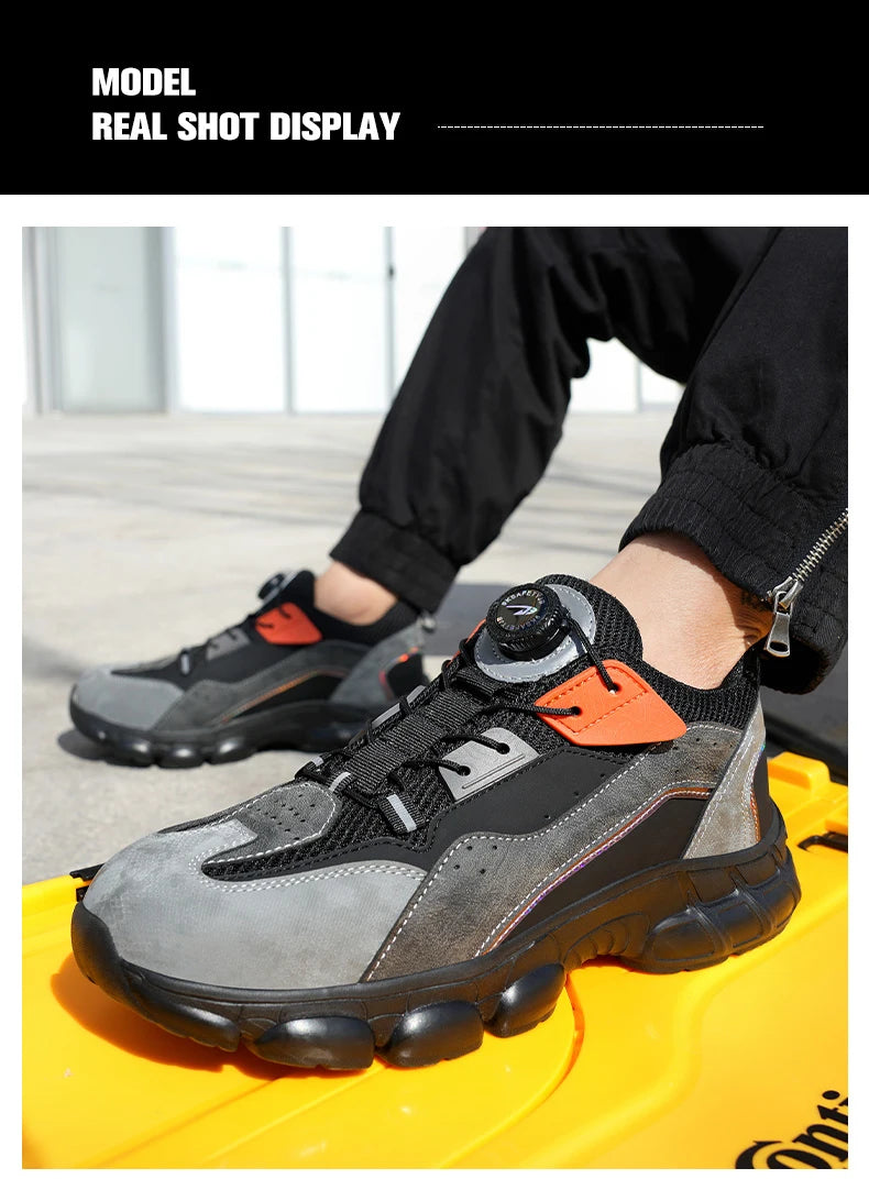 Zapatos de seguridad con botón giratorio para hombre, calzado de trabajo antigolpes y antiperforación, calzado deportivo de moda, botas protectoras de seguridad.