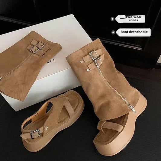 Botines estilo romano caqui de dos vías, sandalias de moda retro con personalidad individual, zapatos cómodos con suela de goma para mujer
