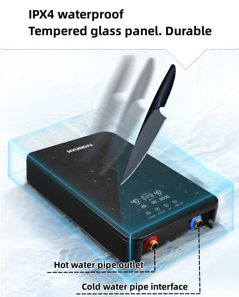 Calentador de agua eléctrico pequeño HYUNDAI con calentamiento rápido e instantáneo, temperatura constante inteligente y pantalla en inglés para ducha o baño.