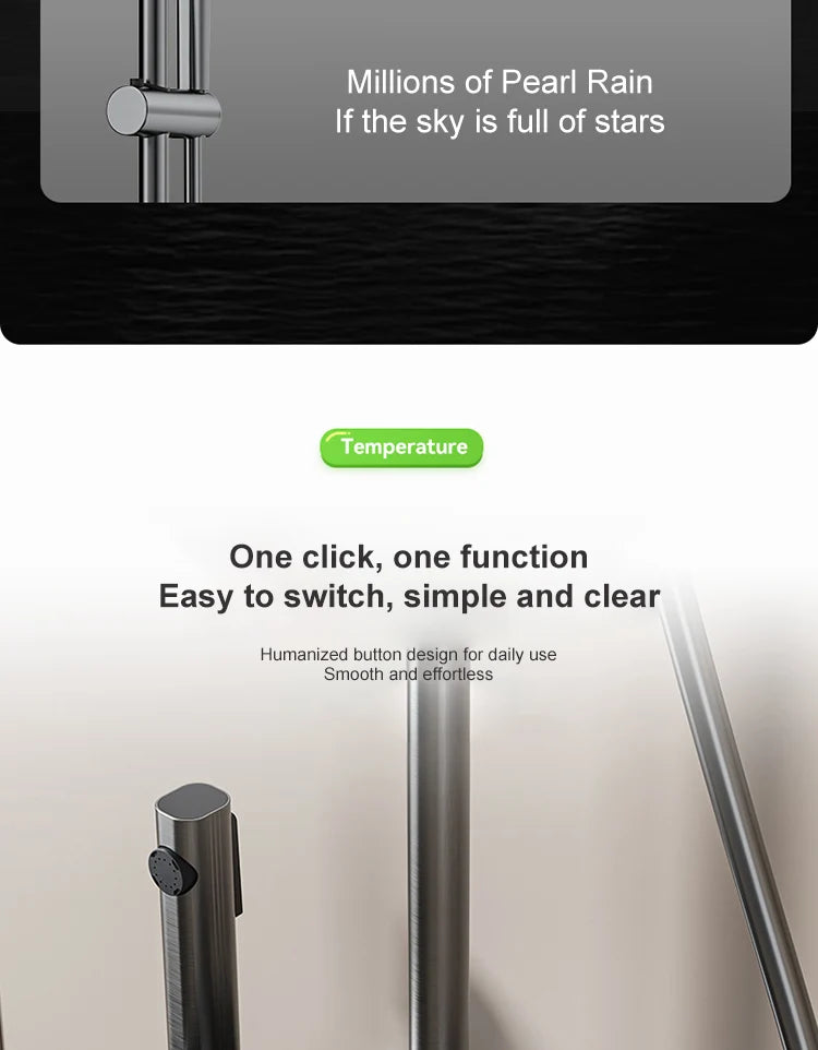Sistema de ducha con luz ambiental y botones de piano grises, pantalla digital, grifos tipo lluvia y cabezal de ducha.
