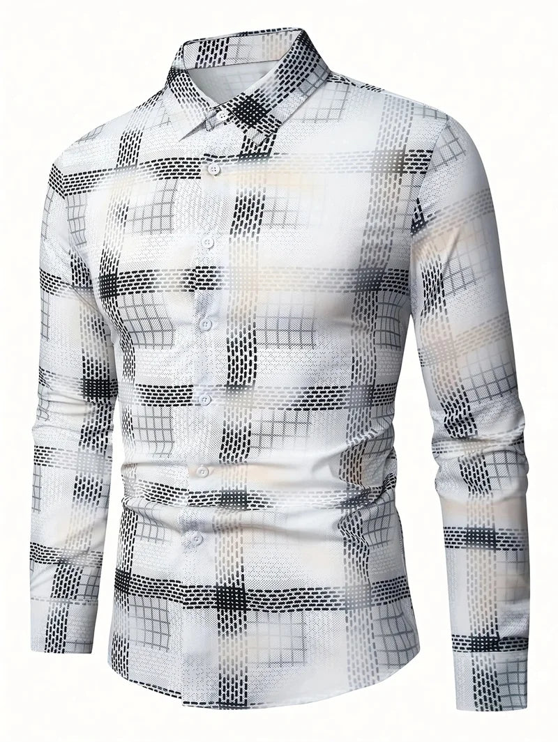 Camisa casual estampada para hombre 2025 con mangas largas transpirables y botones de plomo adecuada para primavera y otoño.