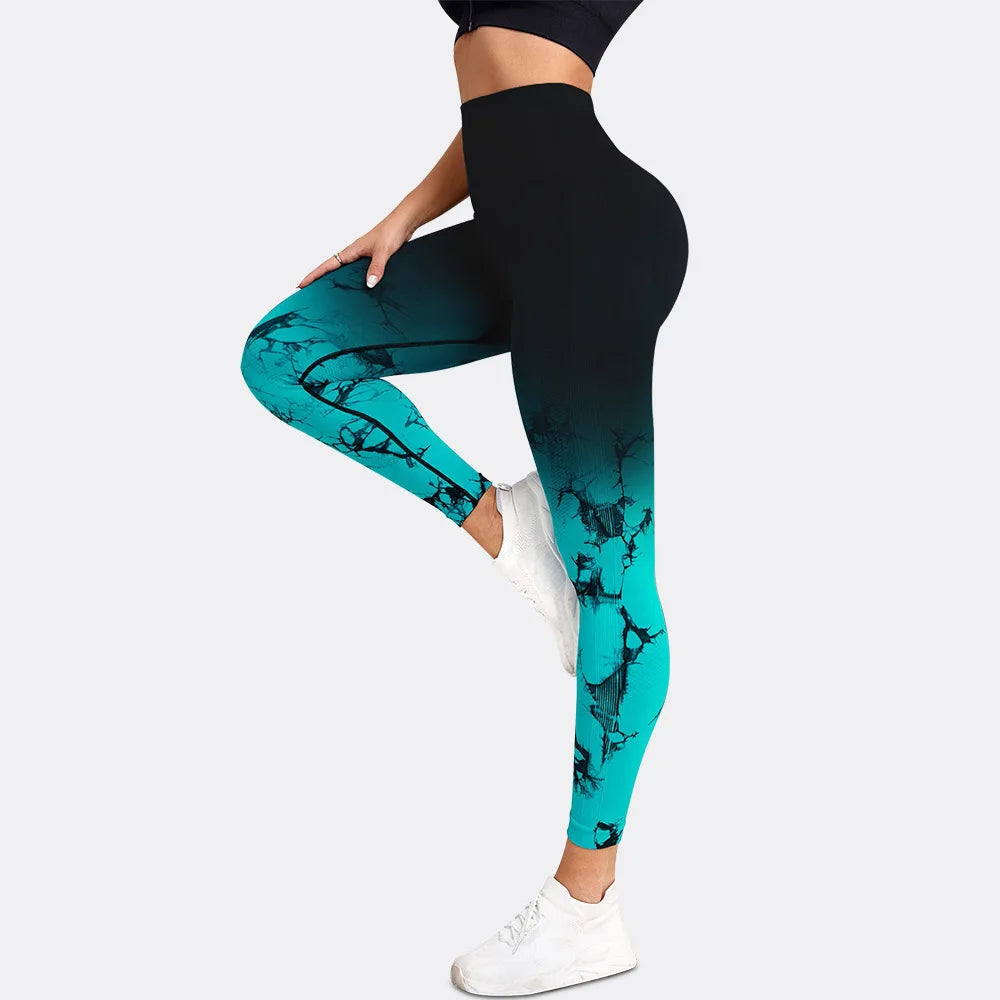 Pantalones de yoga con efecto tie-dye degradado, sin costuras, para mujer, para correr y hacer deporte, cintura alta y levantamiento de cadera, ropa de fitness elástica ajustada.