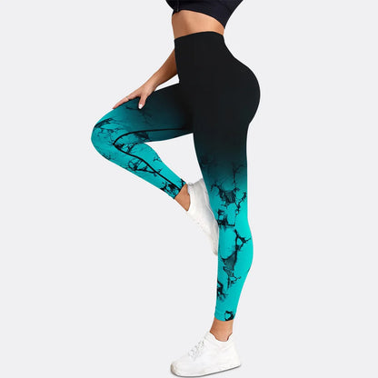 Pantalones de yoga con efecto tie-dye degradado, sin costuras, para mujer, para correr y hacer deporte, cintura alta y levantamiento de cadera, ropa de fitness elástica ajustada.