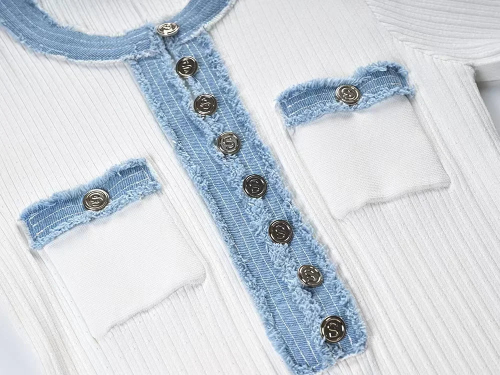 Elegante vestido largo de punto para mujer, con contraste, cuello redondo, manga corta, botones metálicos, corte ajustado, ideal para oficina y viajes.