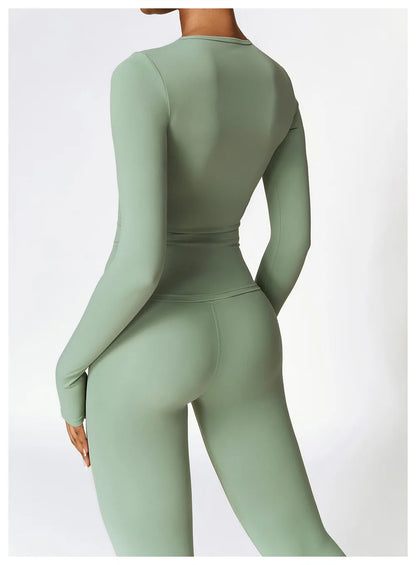 2PCS Seamless Yoga Set Women Workout Set Sportswear Gym Clothing Fitness Long Sleeve Crop Top High Waist Leggings Sports Suits